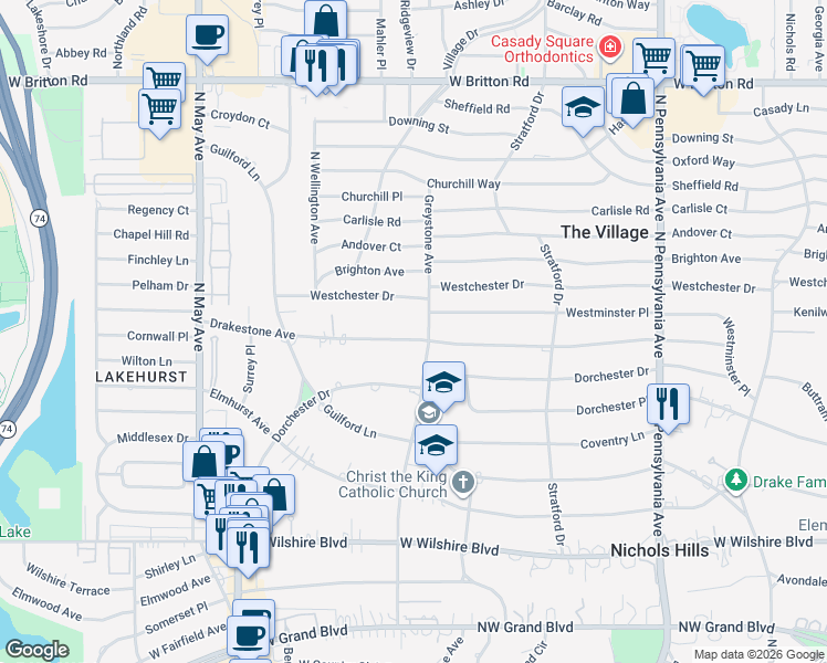 map of restaurants, bars, coffee shops, grocery stores, and more near 2603 Drakestone Avenue in Oklahoma City