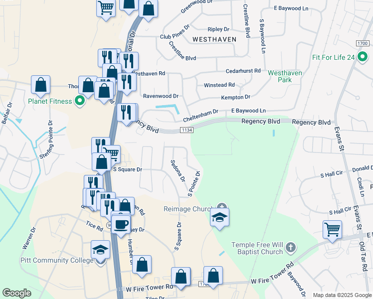 map of restaurants, bars, coffee shops, grocery stores, and more near 329 South Pointe Drive in Winterville