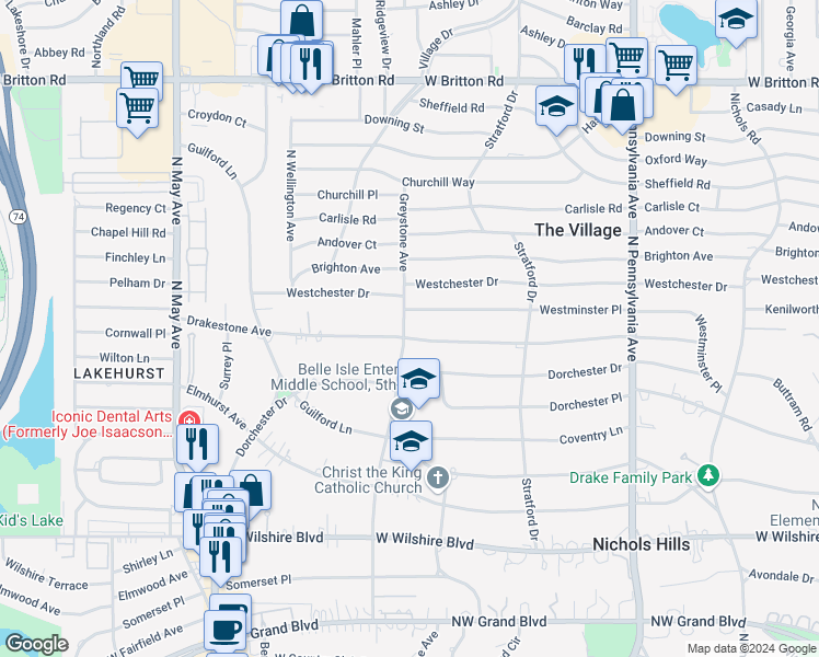 map of restaurants, bars, coffee shops, grocery stores, and more near 2603 Drakestone Avenue in The Village