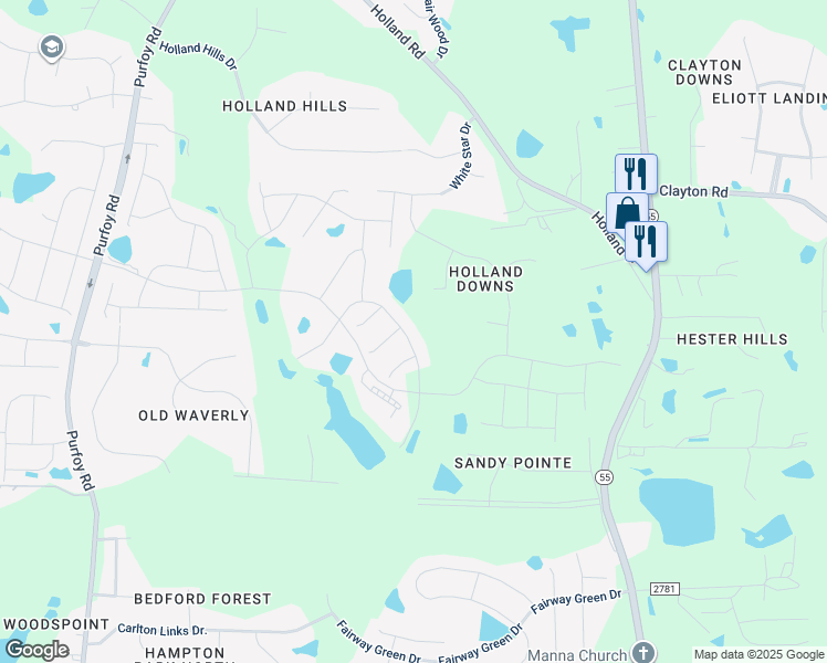map of restaurants, bars, coffee shops, grocery stores, and more near 2309 Flycatcher Lane in Fuquay-Varina