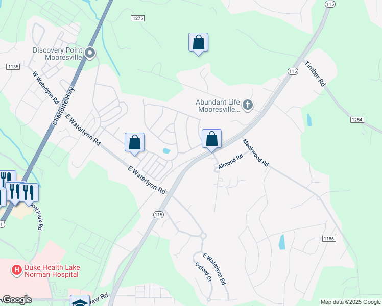 map of restaurants, bars, coffee shops, grocery stores, and more near 114 Colville Road in Mooresville
