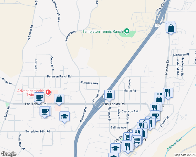 map of restaurants, bars, coffee shops, grocery stores, and more near in Templeton