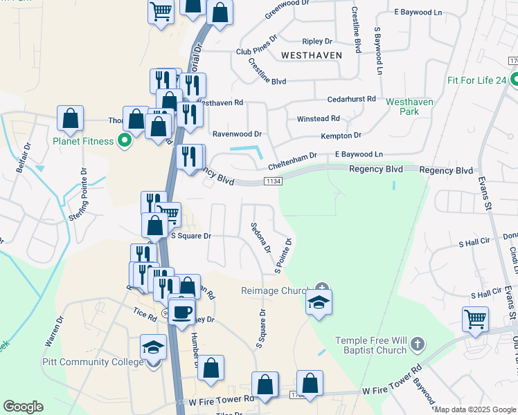 map of restaurants, bars, coffee shops, grocery stores, and more near 3901 Sedona Drive in Winterville