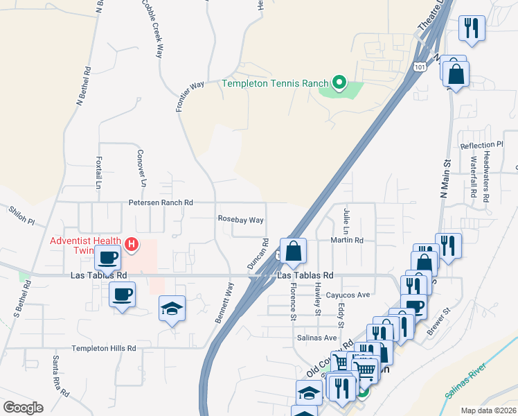 map of restaurants, bars, coffee shops, grocery stores, and more near Rancho Road in San Luis Obispo County