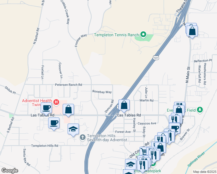 map of restaurants, bars, coffee shops, grocery stores, and more near in Templeton