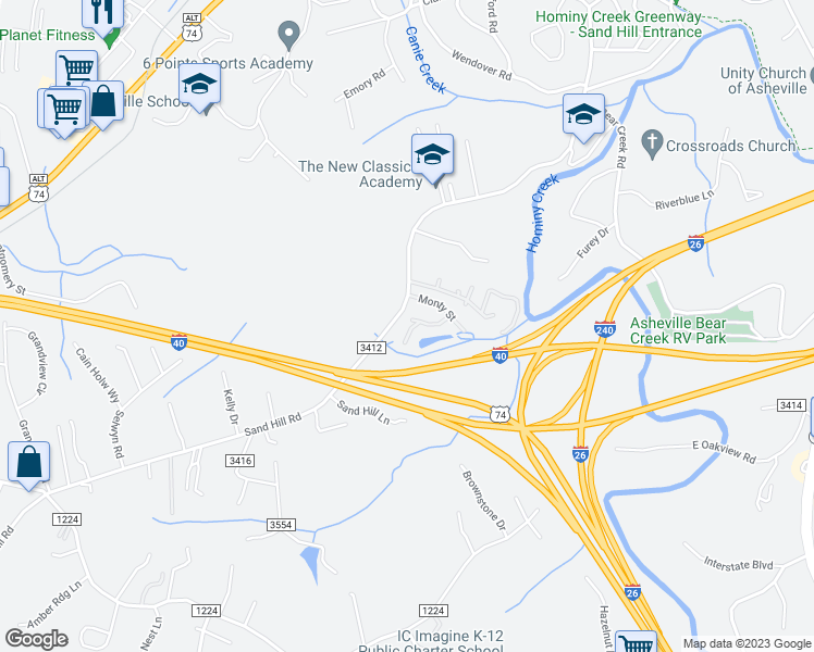 map of restaurants, bars, coffee shops, grocery stores, and more near 58 Monty Street in Asheville