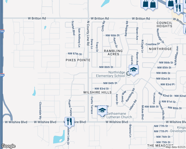 map of restaurants, bars, coffee shops, grocery stores, and more near 8913 Northwest 85th Street in Oklahoma City