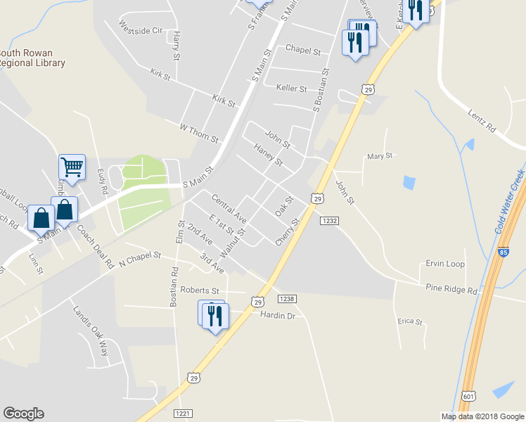 map of restaurants, bars, coffee shops, grocery stores, and more near 50 Walnut Street in China Grove