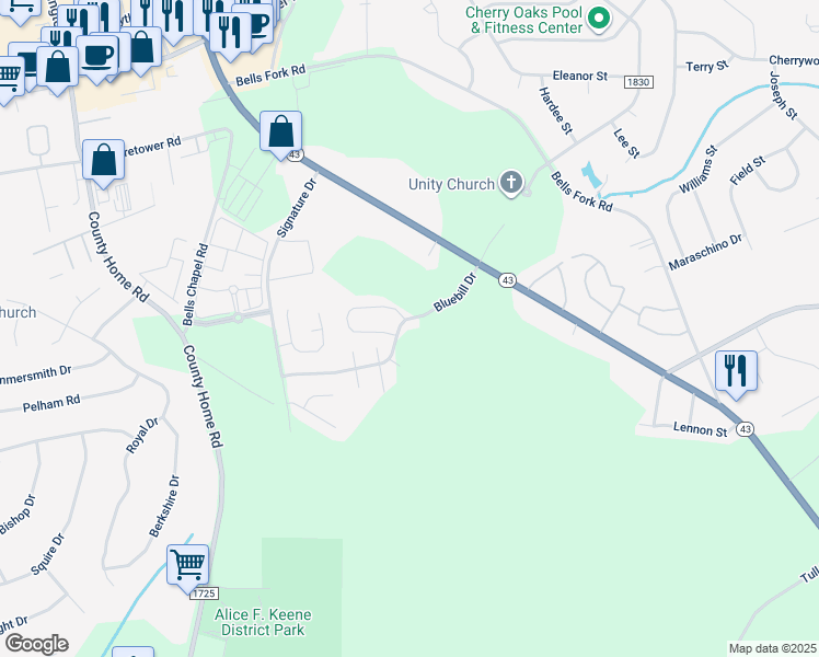 map of restaurants, bars, coffee shops, grocery stores, and more near 1800 Fox Den Way in Greenville