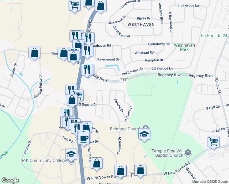 map of restaurants, bars, coffee shops, grocery stores, and more near 3905 Granada Drive in Winterville