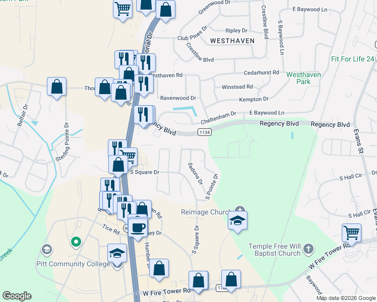 map of restaurants, bars, coffee shops, grocery stores, and more near 3905 Granada Drive in Winterville