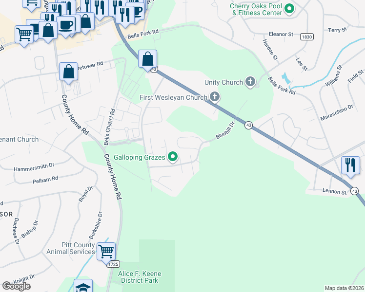 map of restaurants, bars, coffee shops, grocery stores, and more near 1805 Fox Den Way in Greenville
