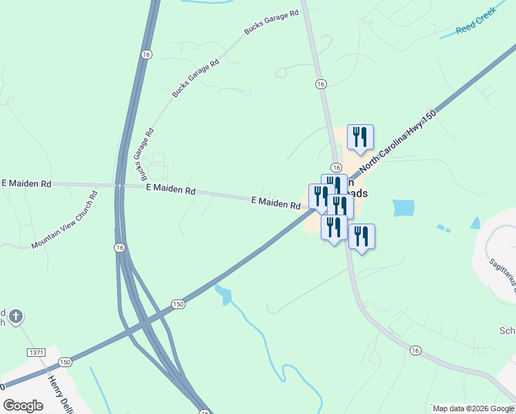 map of restaurants, bars, coffee shops, grocery stores, and more near 5511 East Maiden Road in Maiden
