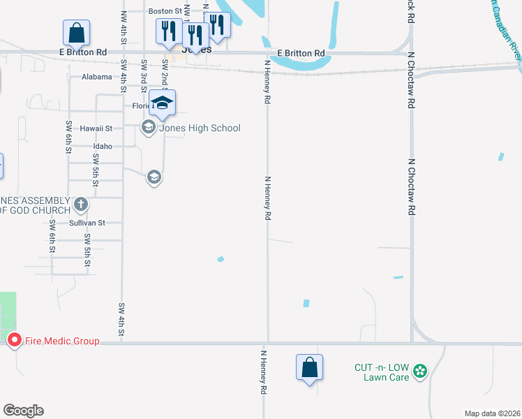 map of restaurants, bars, coffee shops, grocery stores, and more near 8455 North Henney Road in Jones