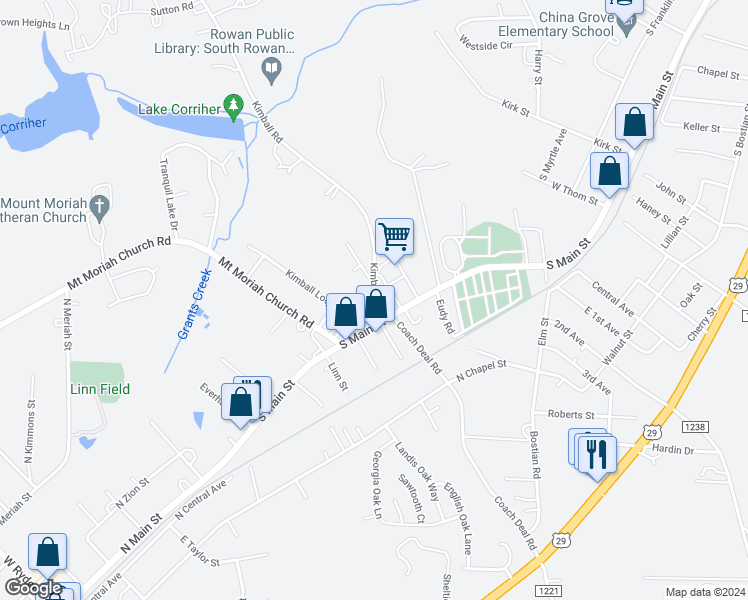 map of restaurants, bars, coffee shops, grocery stores, and more near 125 Kimball Road in China Grove