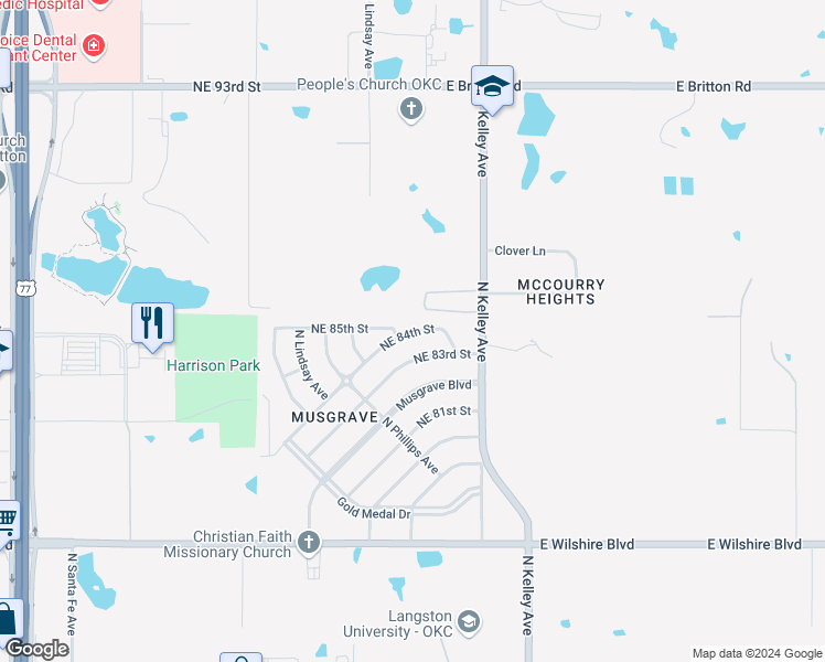 map of restaurants, bars, coffee shops, grocery stores, and more near 917 Northeast 84th Street in Oklahoma City