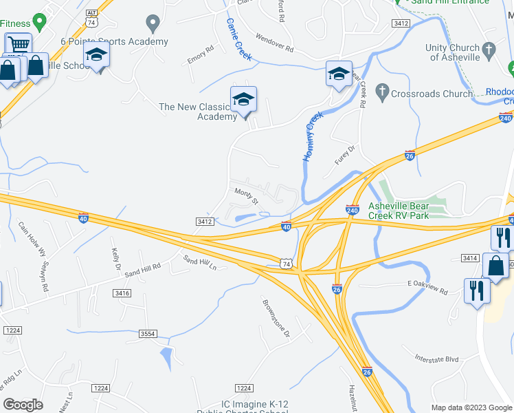 map of restaurants, bars, coffee shops, grocery stores, and more near 34 Monty Street in Asheville