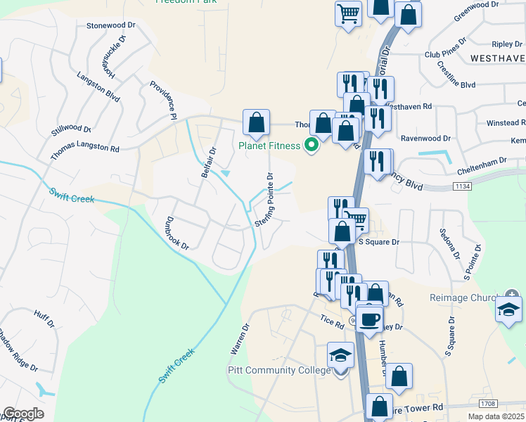 map of restaurants, bars, coffee shops, grocery stores, and more near 3900 Sterling Pointe Drive in Winterville
