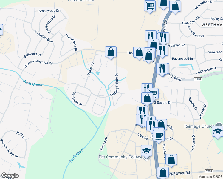 map of restaurants, bars, coffee shops, grocery stores, and more near 3900 Sterling Pointe Drive in Winterville