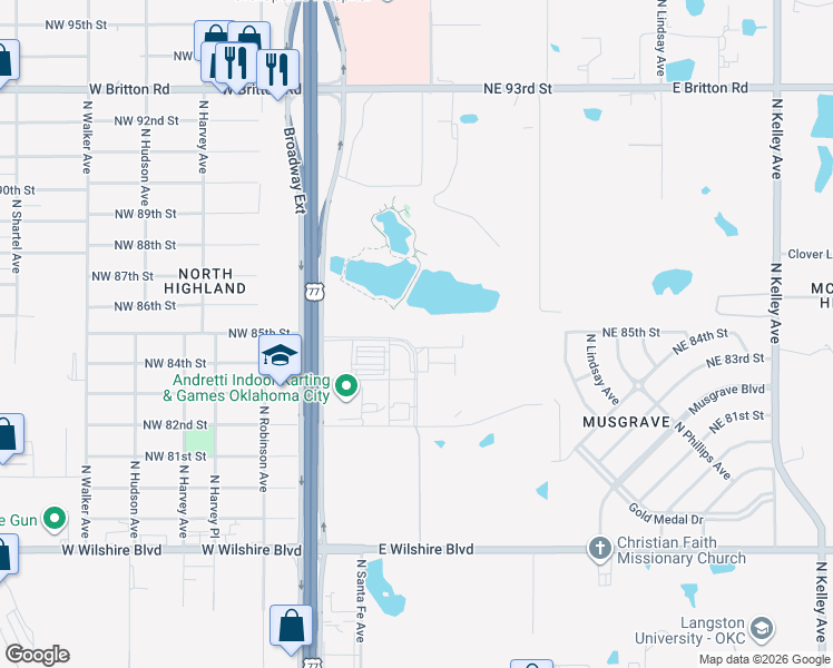 map of restaurants, bars, coffee shops, grocery stores, and more near 8300-8690 Broadway Extension Service Road in Oklahoma City