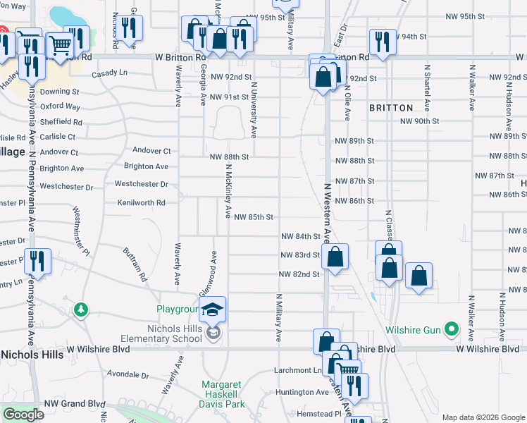 map of restaurants, bars, coffee shops, grocery stores, and more near 1200 Northwest 85th Street in Oklahoma City