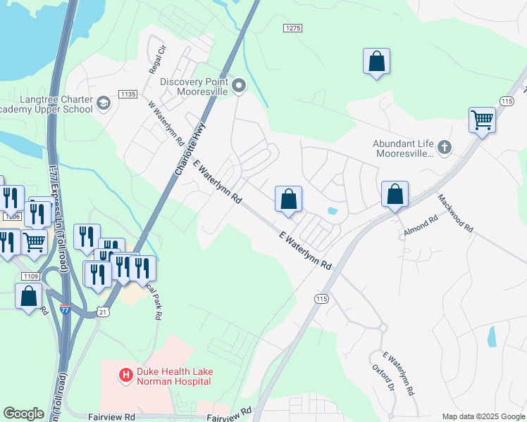 map of restaurants, bars, coffee shops, grocery stores, and more near 185 East Waterlynn Road in Mooresville