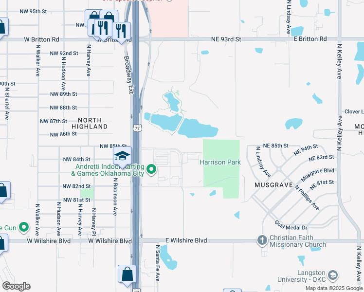 map of restaurants, bars, coffee shops, grocery stores, and more near 8300-8690 Broadway Extension Service Road in Oklahoma City