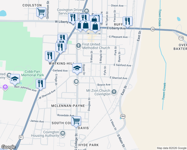 map of restaurants, bars, coffee shops, grocery stores, and more near 704 Tennessee 59 Business in Covington