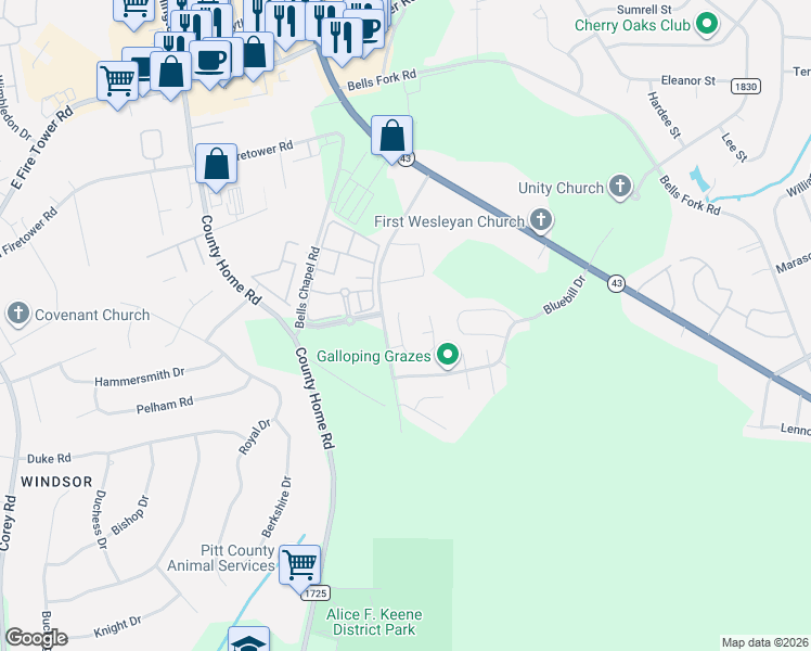 map of restaurants, bars, coffee shops, grocery stores, and more near 2224 Chavis Drive in Greenville