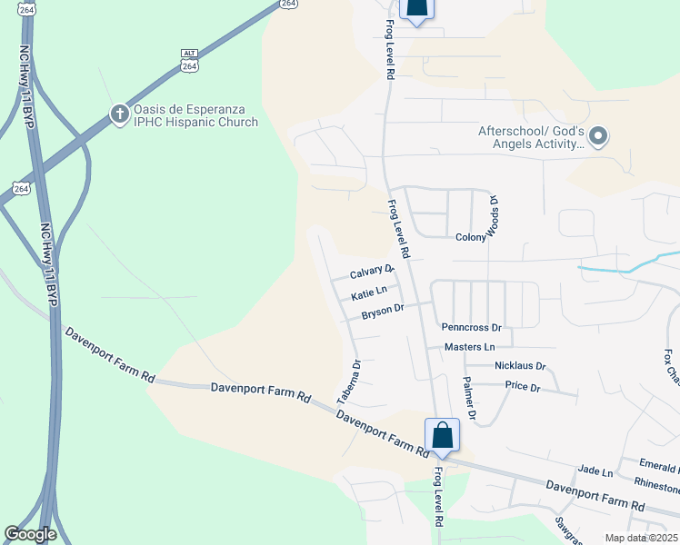 map of restaurants, bars, coffee shops, grocery stores, and more near 3653 Calvary Drive in Greenville