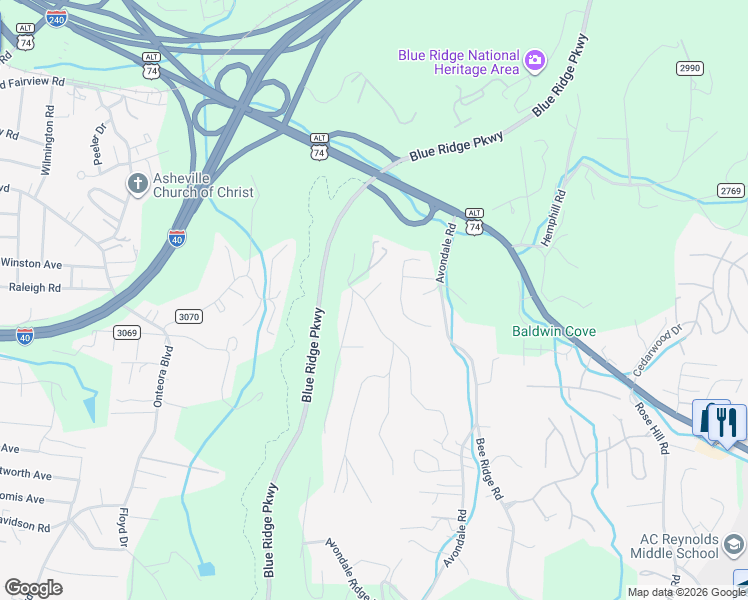 map of restaurants, bars, coffee shops, grocery stores, and more near 102 Lovers Loop Road in Asheville