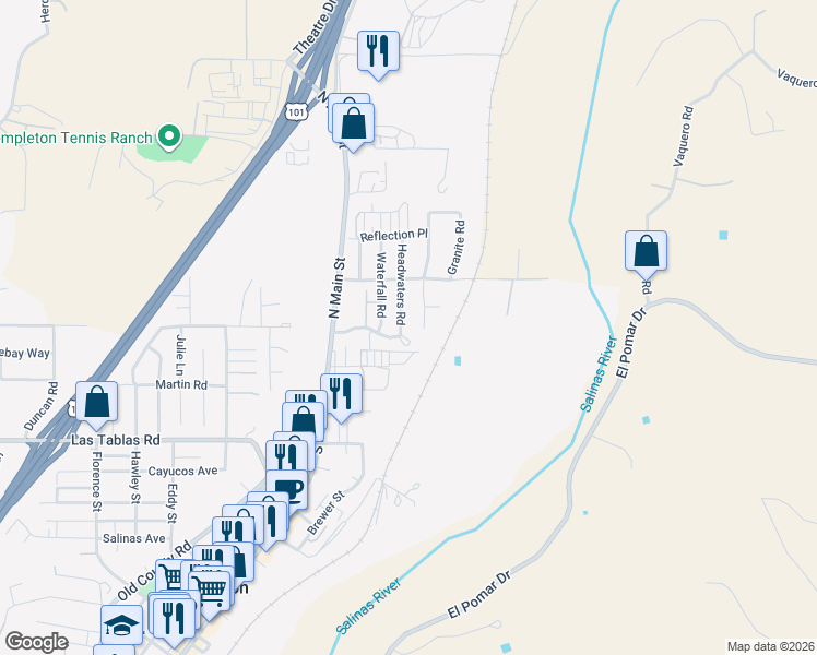 map of restaurants, bars, coffee shops, grocery stores, and more near 114 Cattail Road in Templeton