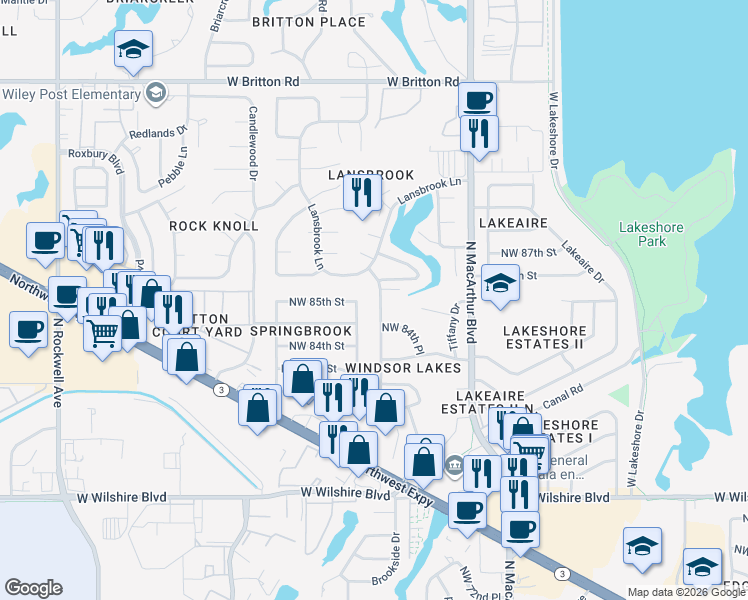 map of restaurants, bars, coffee shops, grocery stores, and more near 8517 Arlington Drive in Oklahoma City