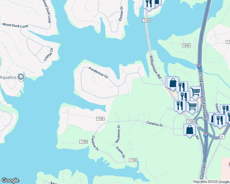 map of restaurants, bars, coffee shops, grocery stores, and more near 429 Ponderosa Circle in Mooresville