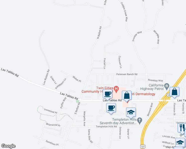 map of restaurants, bars, coffee shops, grocery stores, and more near 1455 Petersen Ranch Road in Templeton
