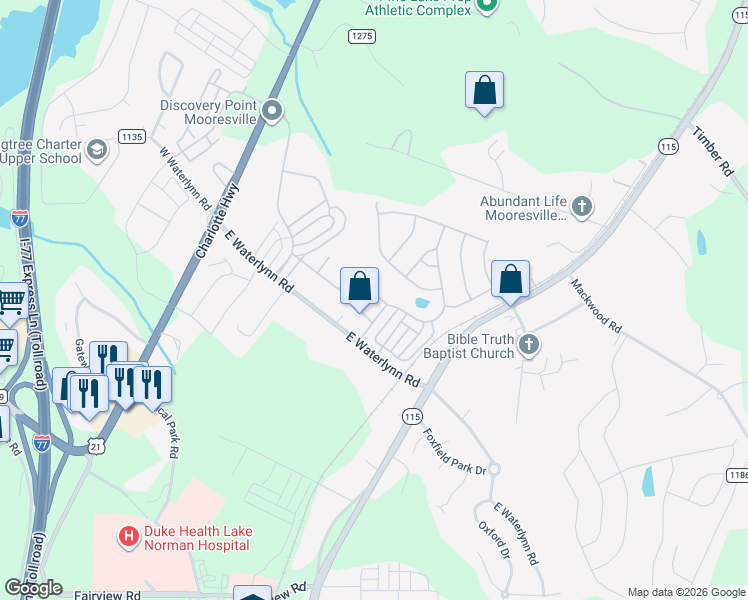 map of restaurants, bars, coffee shops, grocery stores, and more near 120 Silverspring Place in Mooresville