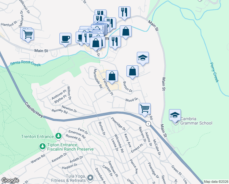 map of restaurants, bars, coffee shops, grocery stores, and more near 2910 Burton Drive in Cambria