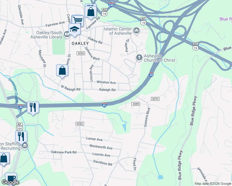 map of restaurants, bars, coffee shops, grocery stores, and more near 101 Raleigh Road in Asheville