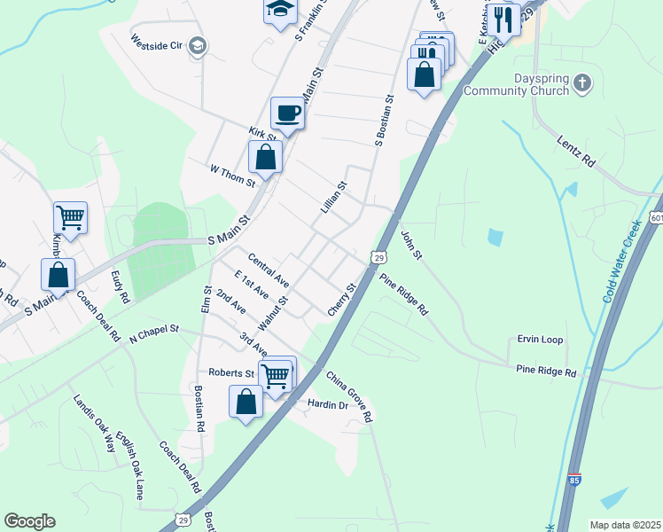 map of restaurants, bars, coffee shops, grocery stores, and more near 23 Oak Street in China Grove