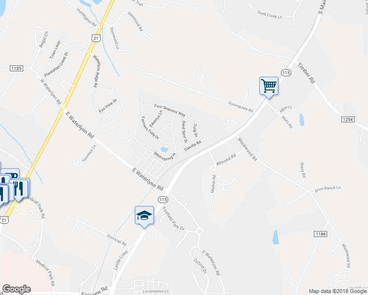 map of restaurants, bars, coffee shops, grocery stores, and more near 113 Colville Road in Mooresville