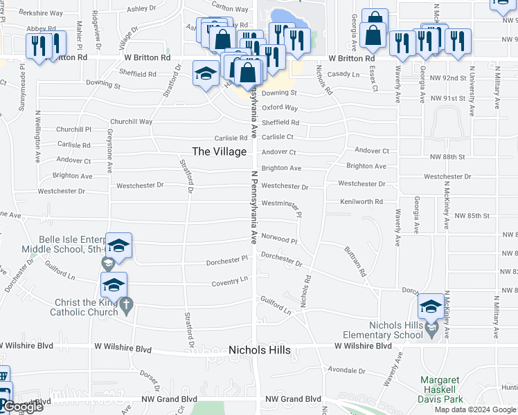 map of restaurants, bars, coffee shops, grocery stores, and more near 1626 Westminster Place in Nichols Hills