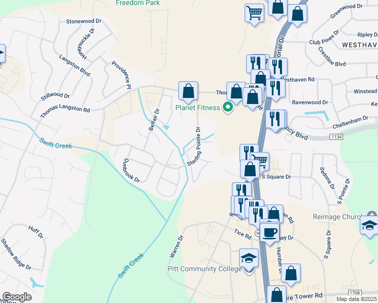 map of restaurants, bars, coffee shops, grocery stores, and more near 3902 Sterling Pointe Drive in Winterville