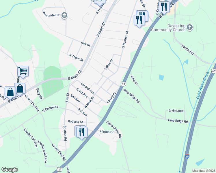 map of restaurants, bars, coffee shops, grocery stores, and more near 23 Oak Street in China Grove