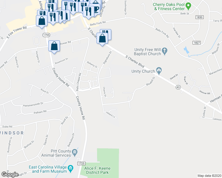 map of restaurants, bars, coffee shops, grocery stores, and more near 2336a Chavis Drive in Greenville