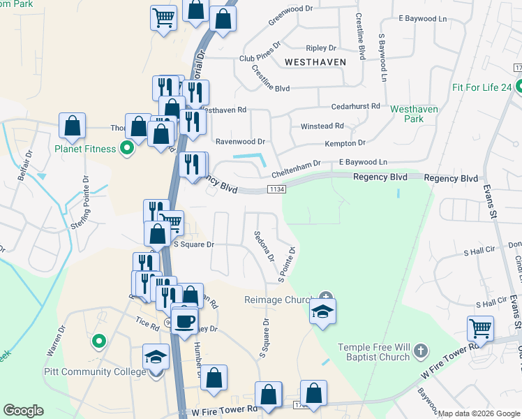 map of restaurants, bars, coffee shops, grocery stores, and more near 505 Hillshade Court in Winterville