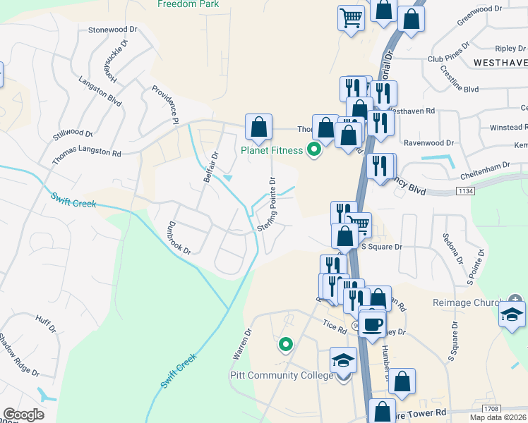 map of restaurants, bars, coffee shops, grocery stores, and more near 3900 Sterling Pointe Drive in Winterville