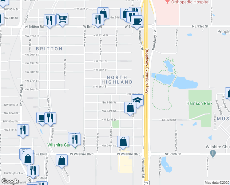 map of restaurants, bars, coffee shops, grocery stores, and more near 252 Northwest 85th Street in Oklahoma City