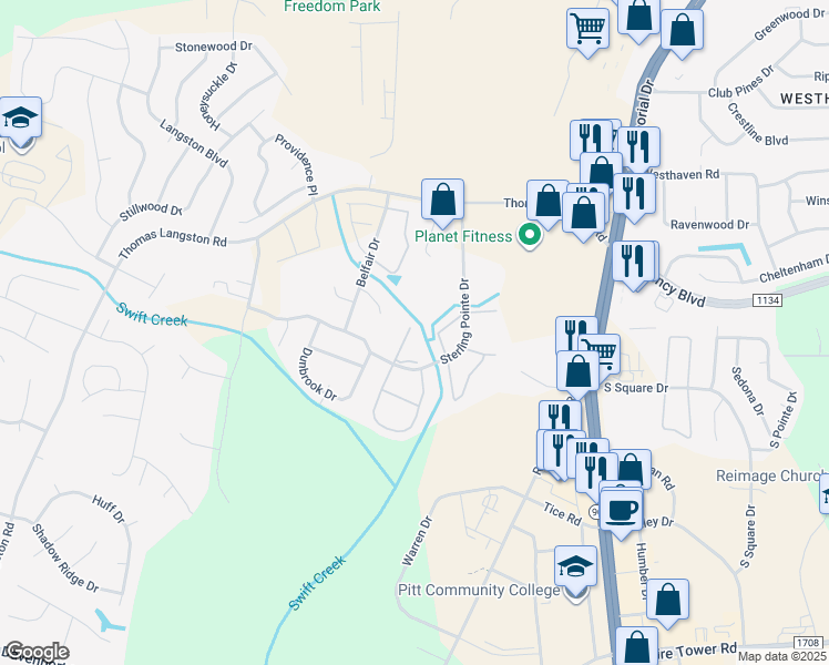 map of restaurants, bars, coffee shops, grocery stores, and more near 3940 Sterling Pointe Drive in Winterville