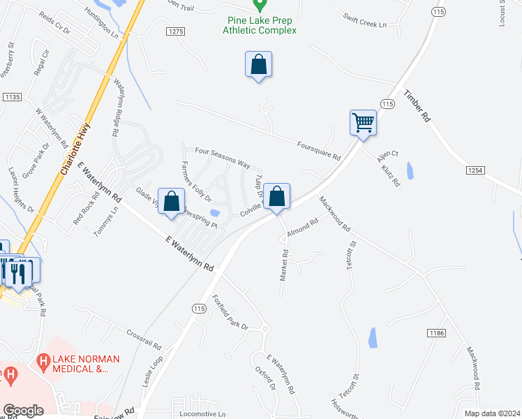 map of restaurants, bars, coffee shops, grocery stores, and more near 124 Colville Road in Mooresville