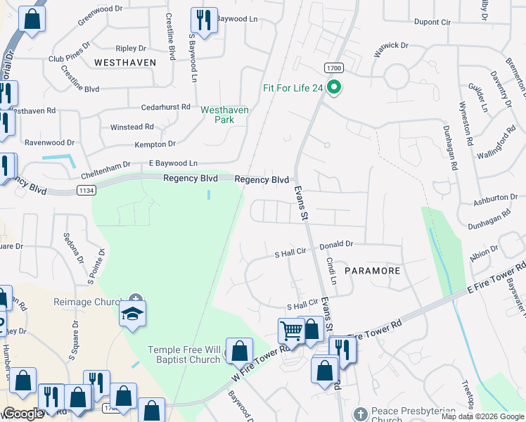 map of restaurants, bars, coffee shops, grocery stores, and more near 506-598 Shamrock Way in Greenville